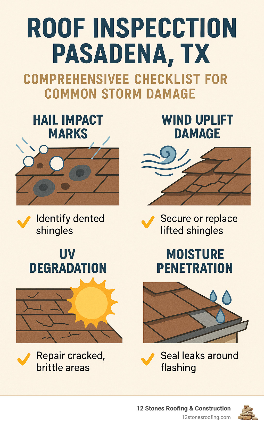 Comprehensive roof inspection checklist showing common storm damage types in Pasadena TX including hail impact marks, wind uplift damage, UV degradation, and moisture penetration points with corresponding visual indicators and repair recommendations - roof inspection Pasadena TX infographic 