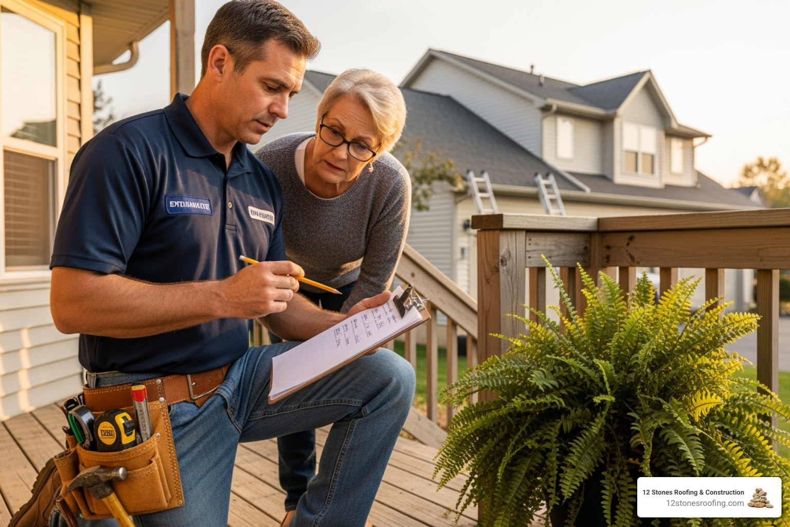 A roofer providing a written estimate to a homeowner - roof repair solutions