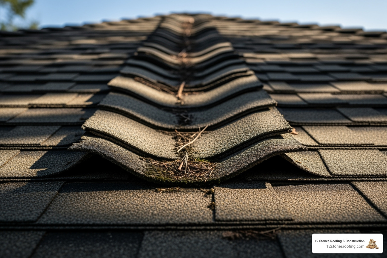 Cracked and curling asphalt shingles on a roof - roof repair solutions