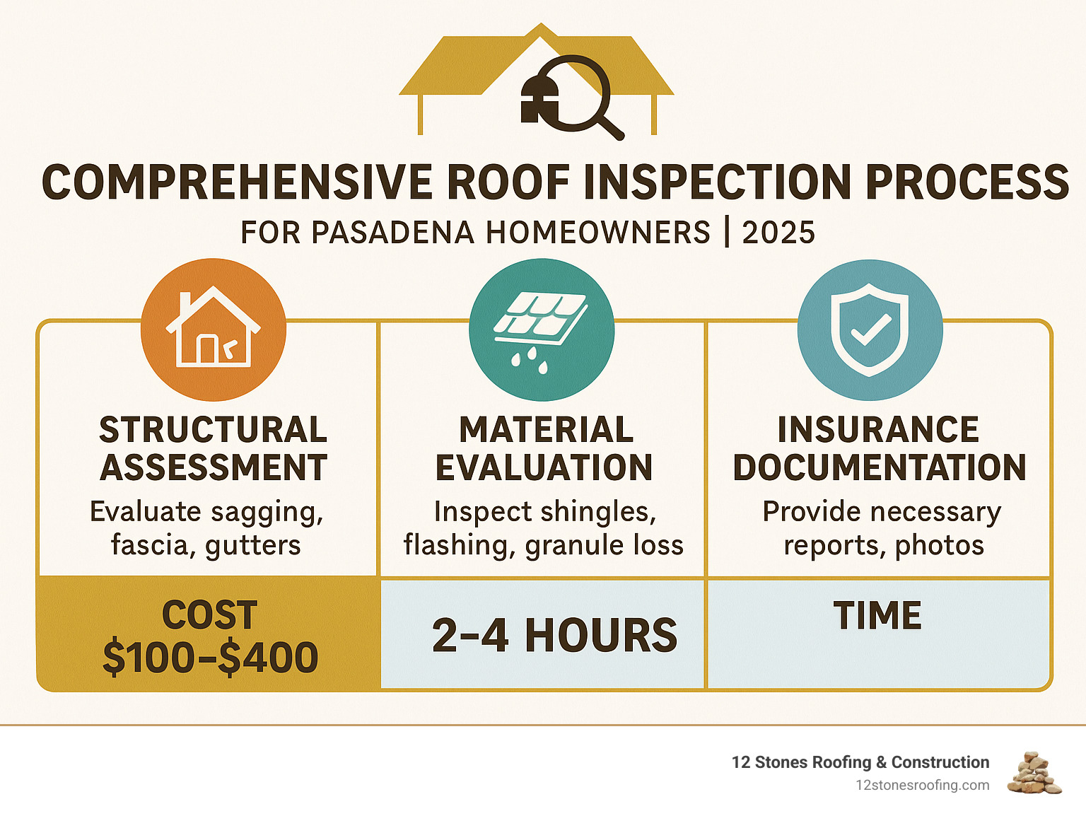Comprehensive roof inspection process showing structural assessment, material evaluation, and insurance documentation requirements with typical costs and timeframes for Pasadena homeowners - roof inspection for insurance infographic 