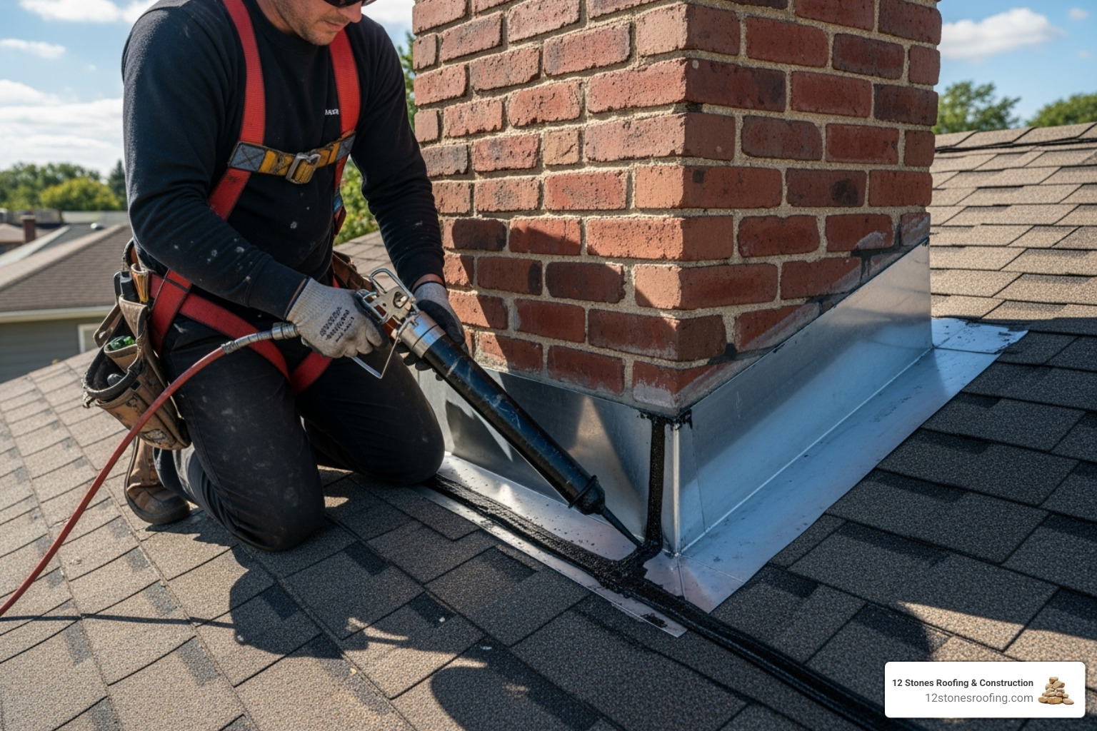 A roofer applying sealant to flashing around a chimney - roof repair solutions