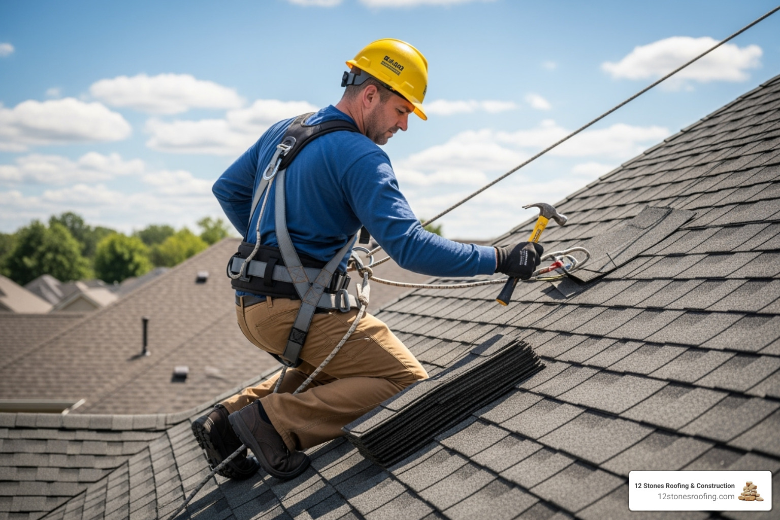 A professional roofer wearing a safety harness and helmet - roof repair solutions