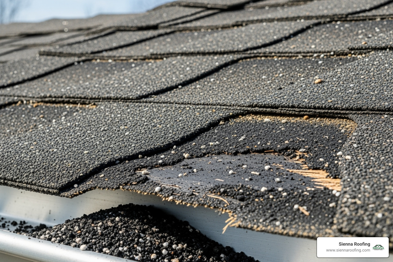 Close-up of a damaged shingle with granule loss, indicating wear - roofing company in missouri city tx