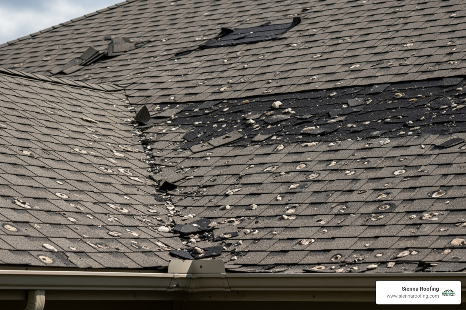 A roof showing clear hail impact marks and damaged shingles - roofing company in missouri city tx