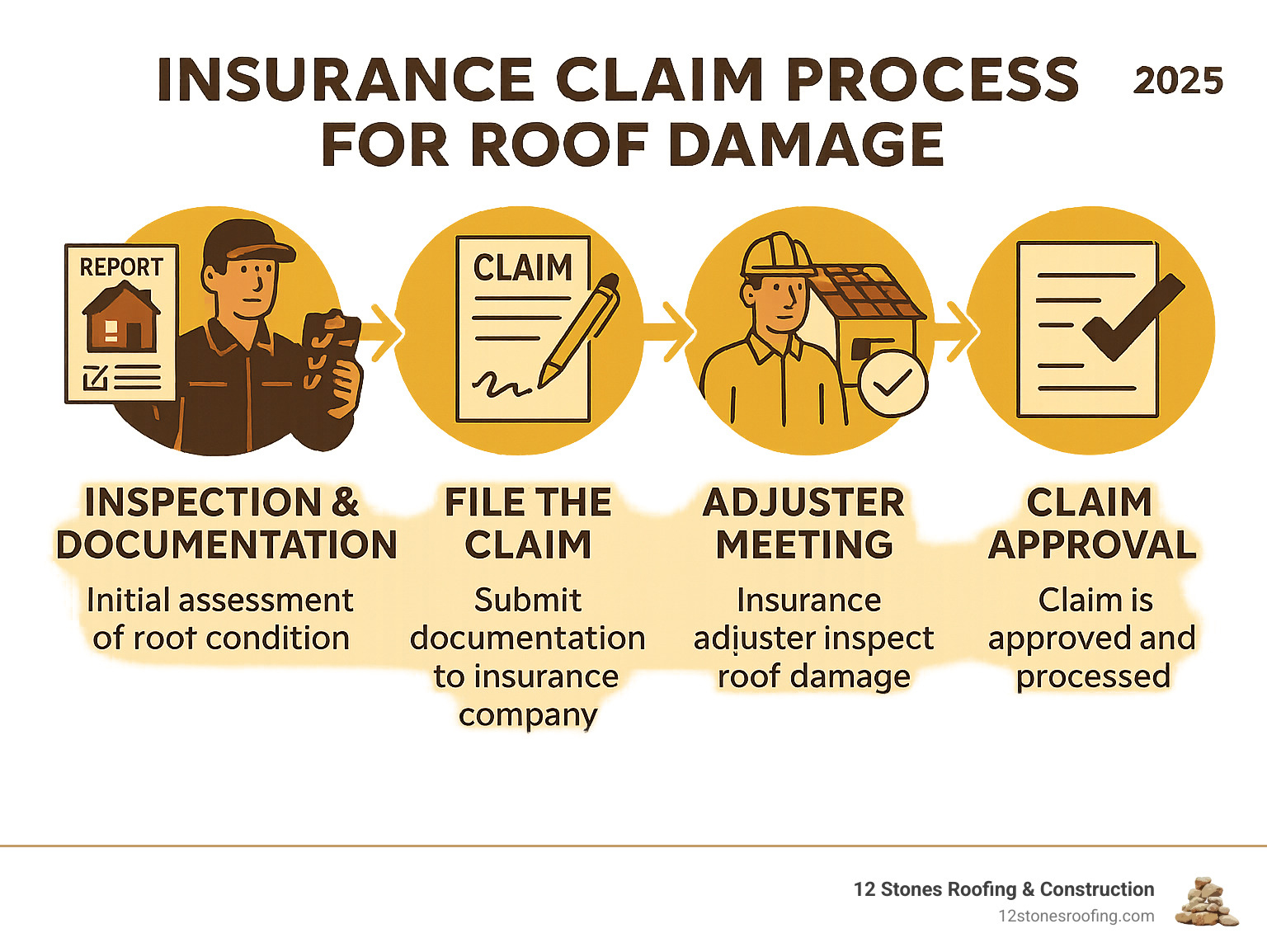 Infographic showing the insurance claim process for roof damage, from initial inspection and documentation to adjuster meeting and claim approval. - roof inspection Pasadena TX infographic 