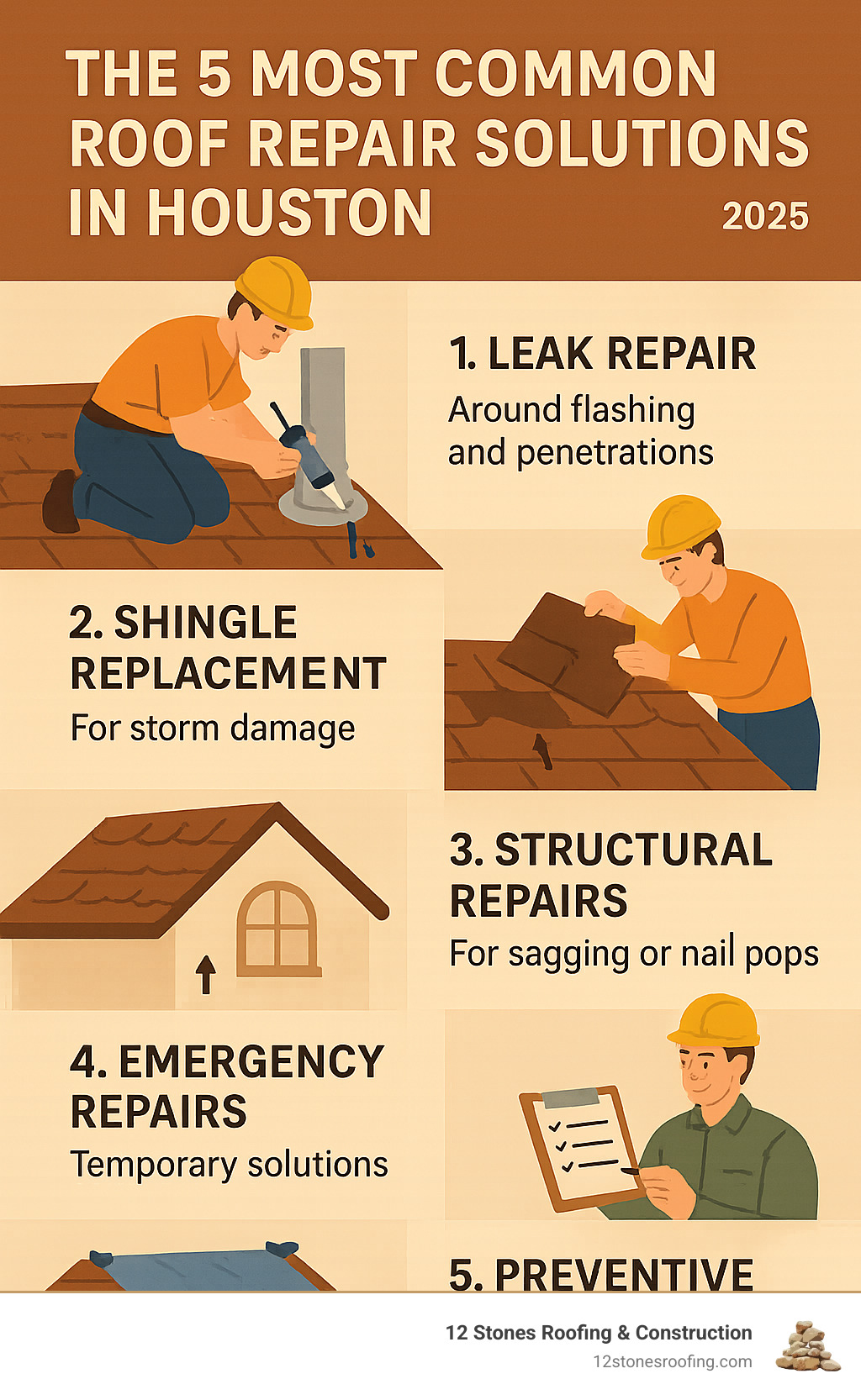 Comprehensive guide showing the 5 most common roof repair solutions in Houston: leak repair around flashing and penetrations, shingle replacement for storm damage, structural repairs for sagging or nail pops, emergency temporary repairs, and preventive maintenance inspections - roof repair solutions infographic 