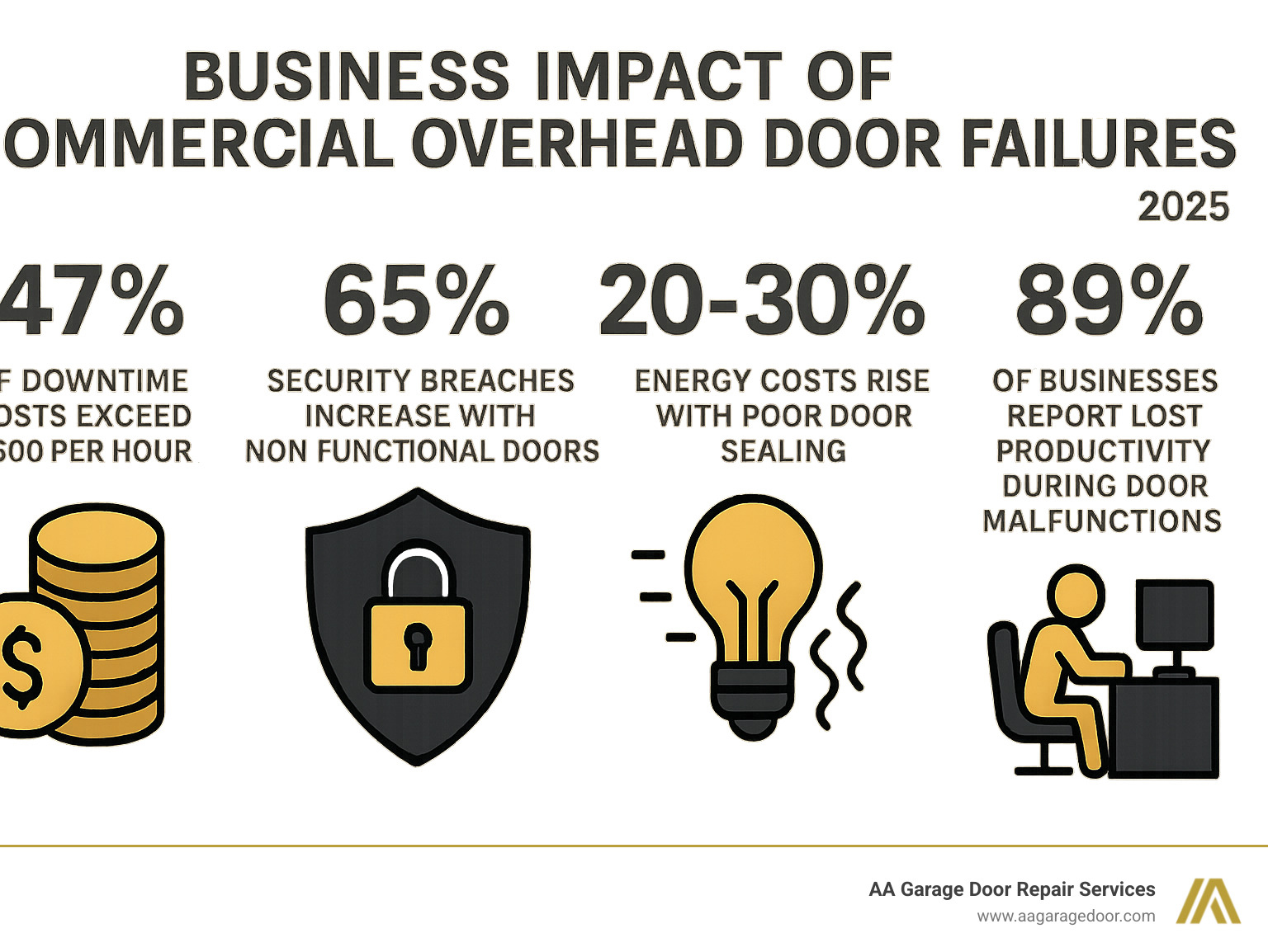 Infographic showing the business impact of commercial overhead door failures: 47% of downtime costs exceed $500 per hour, security breaches increase by 65% with non-functional doors, energy costs rise 20-30% with poor door sealing, and 89% of businesses report lost productivity during door malfunctions - commercial overhead door service infographic Infographic showing the business impact of commercial overhead door failures: 47% of downtime costs exceed $500 per hour, security breaches increase by 65% with non-functional doors, energy costs rise 20-30% with poor door sealing, and 89% of businesses report lost productivity during door malfunctions - commercial overhead door service infographic