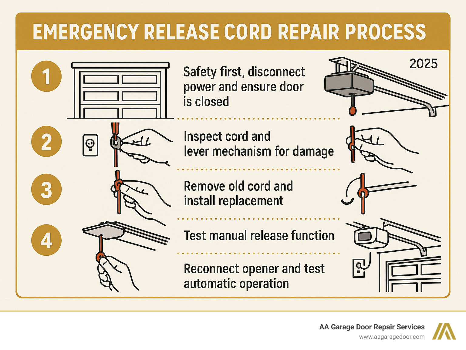 Emergency Release Cord Repair Process: Step 1 - Safety first, disconnect power and ensure door is closed. Step 2 - Inspect cord and lever mechanism for damage. Step 3 - Remove old cord and install replacement. Step 4 - Test manual release function. Step 5 - Reconnect opener and test automatic operation - garage door release cord broke infographic 