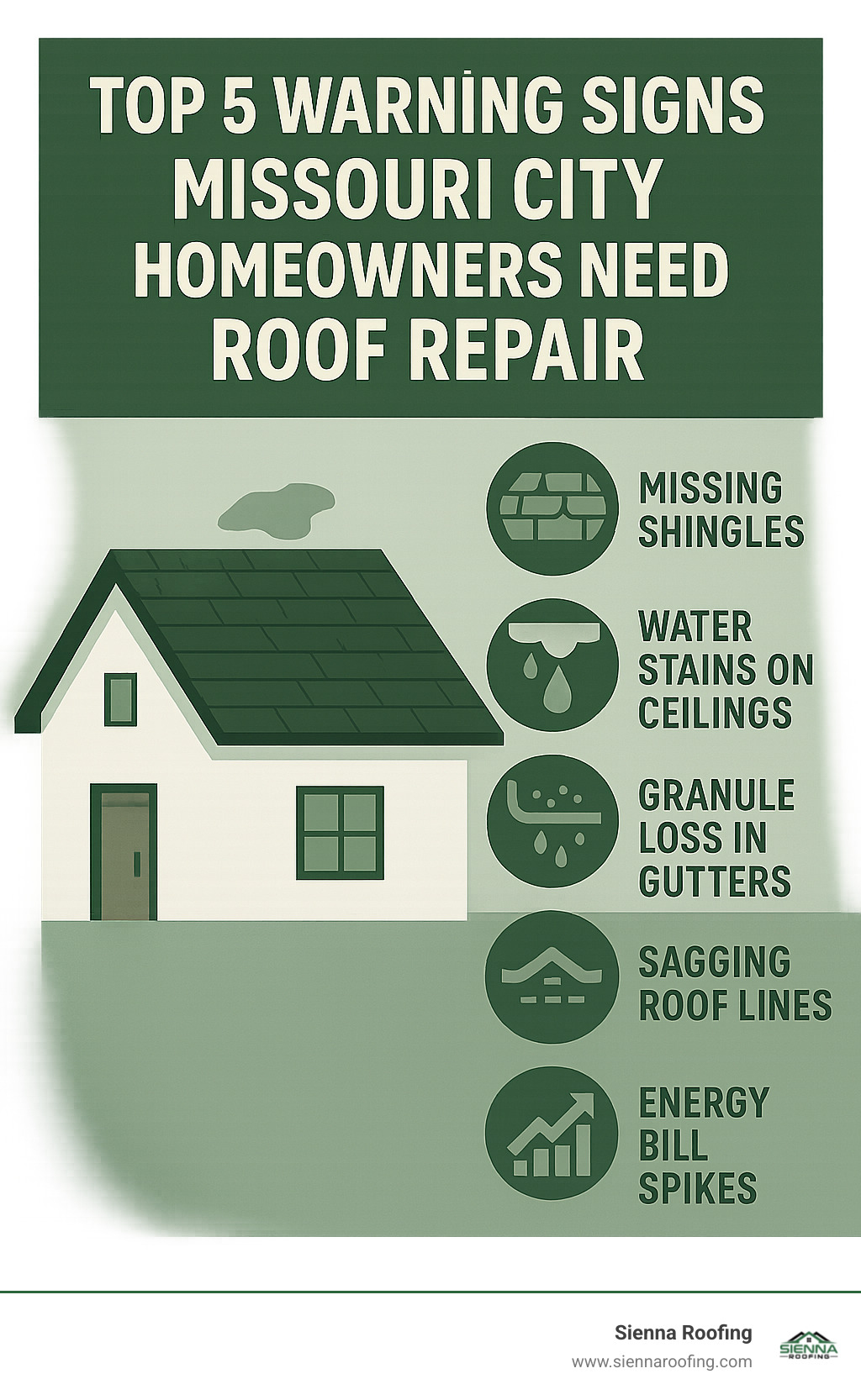 Top 5 warning signs Missouri City homeowners need roof repair: missing shingles, water stains on ceilings, granule loss in gutters, sagging roof lines, and energy bill spikes - roofing company in missouri city tx infographic 