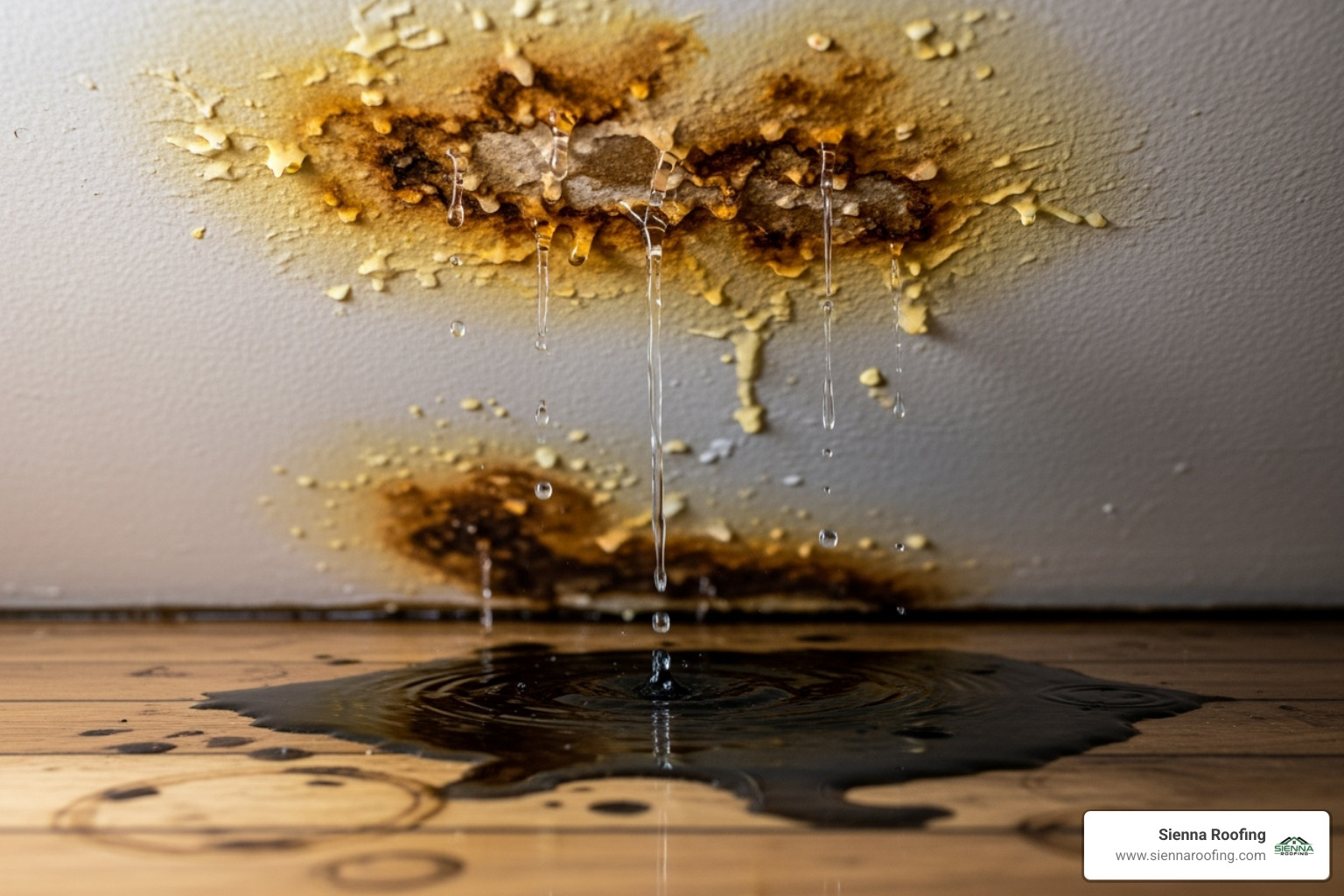 water stains spreading across a ceiling and dripping onto a floor - emergency roof tarping sugar land tx