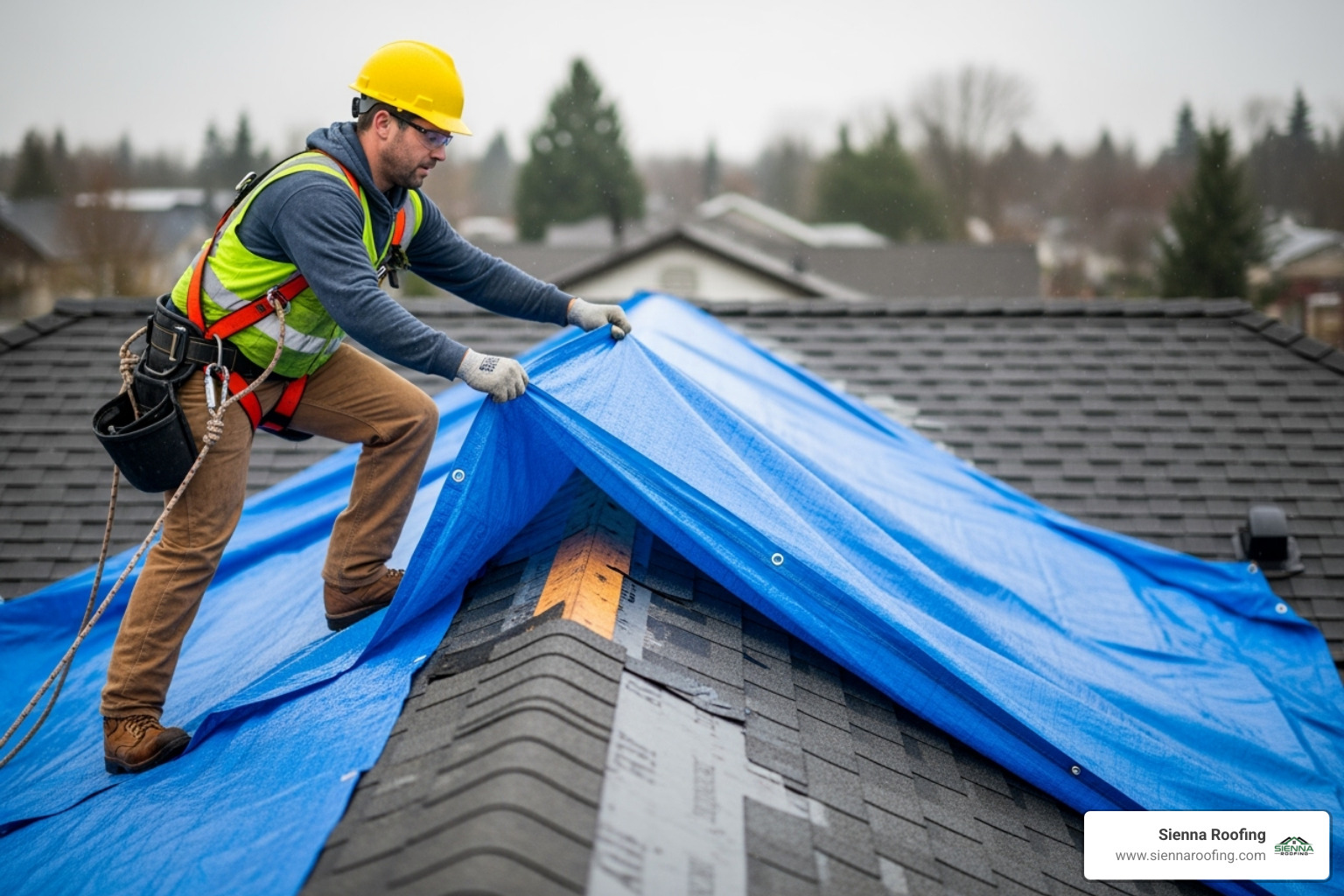 a professional roofer in safety gear carefully spreading a large tarp over a damaged roof section - emergency roof tarping sugar land tx