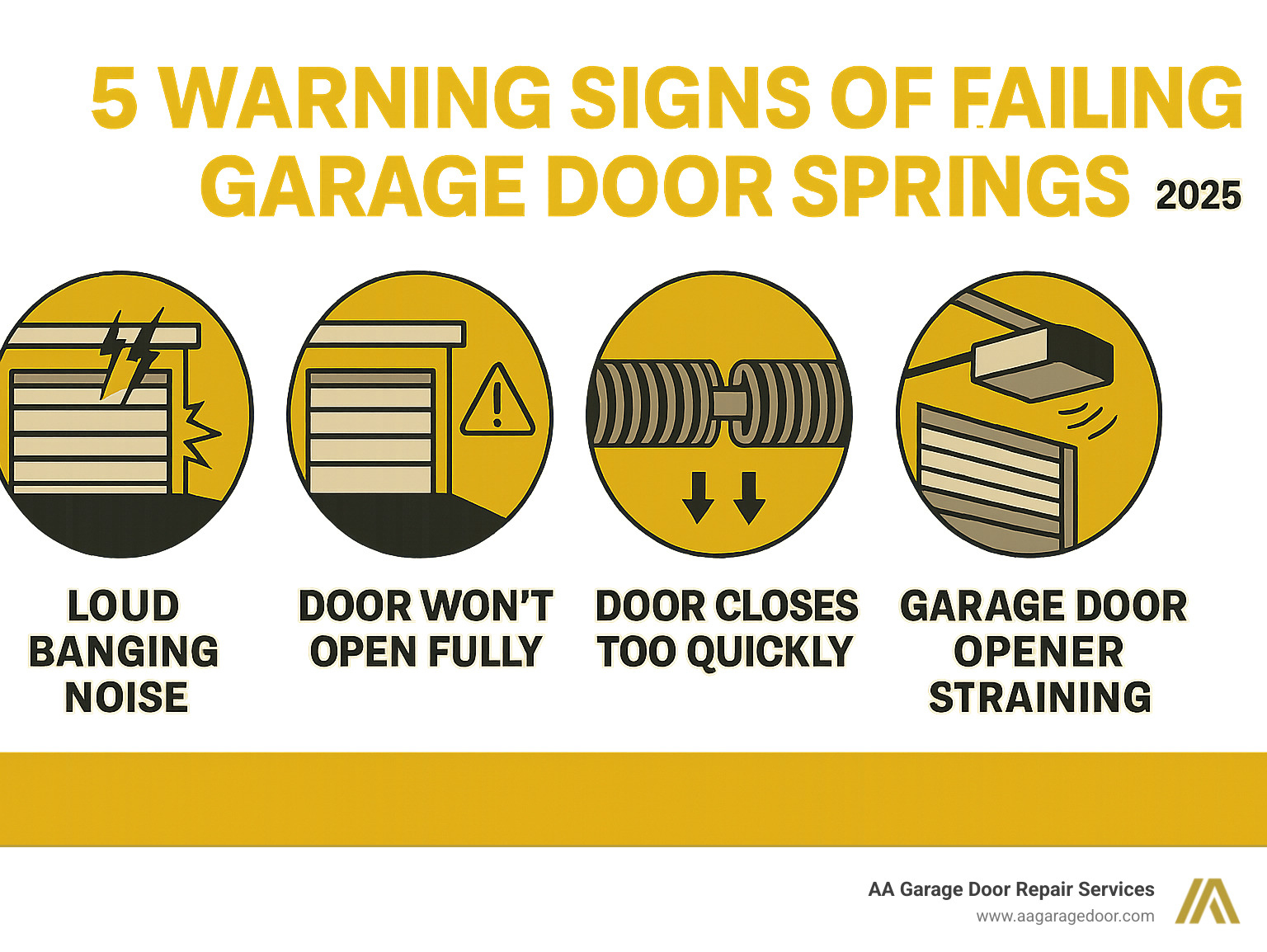 Infographic showing the 5 warning signs of failing garage door springs: loud banging noise, door won't open fully, visible gap in spring coils, door closes too quickly, and garage door opener straining - garage door spring repair minneapolis infographic 