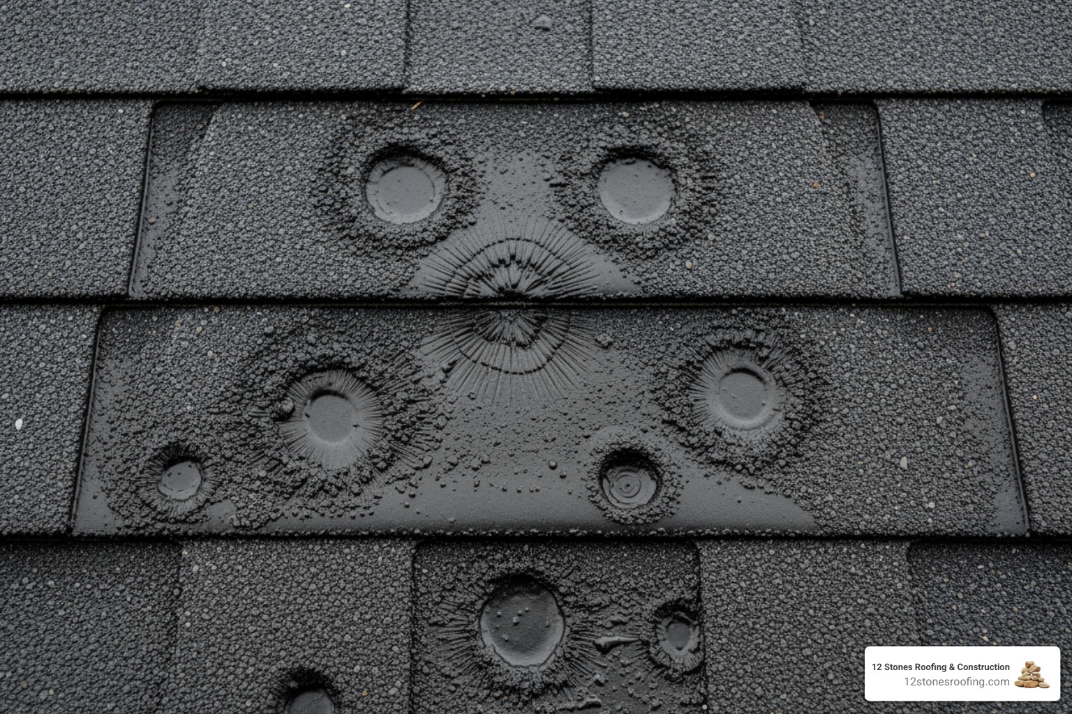Hail damage on a shingle, showing circular impacts - roof replacement contractor houston