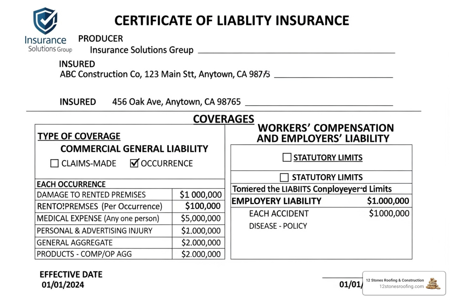 A sample insurance certificate showing liability and workers' compensation coverage - roof replacement contractor houston