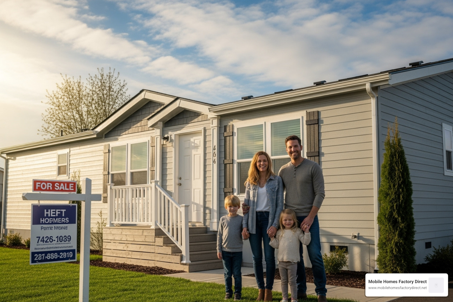 Family in front of a new manufactured home - Affordable mobile homes