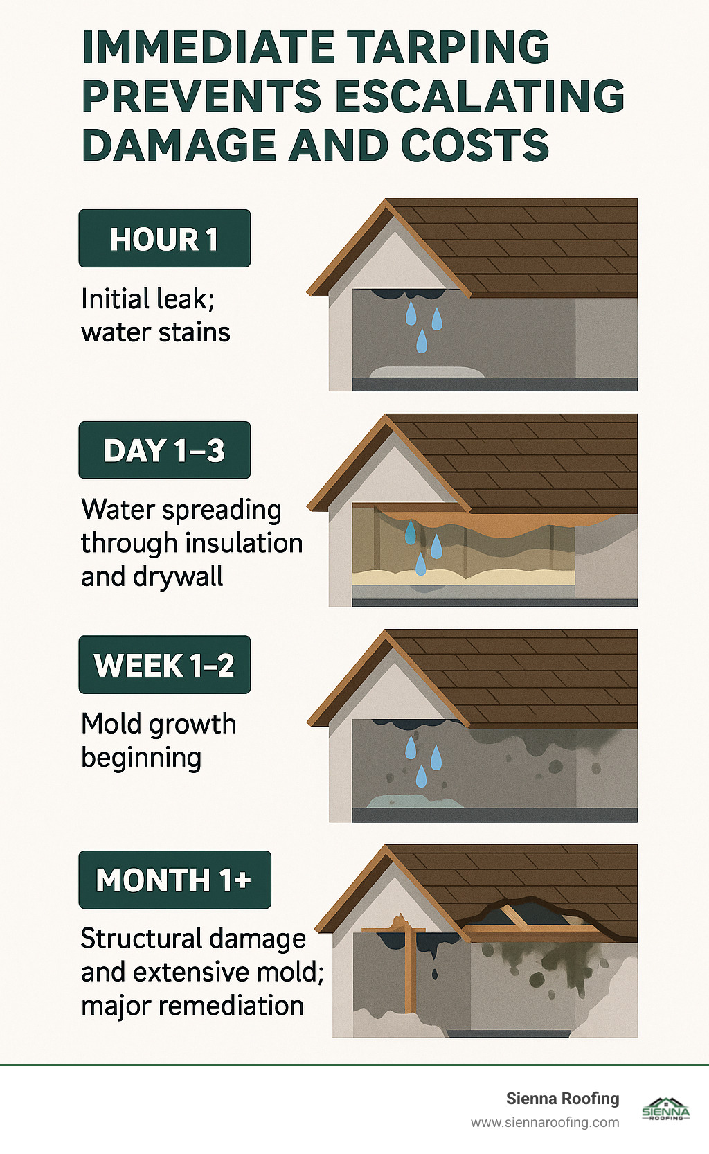 Infographic showing timeline of roof damage progression: Hour 1 shows initial leak and water stains, Day 1-3 shows water spreading through insulation and drywall, Week 1-2 shows mold growth beginning, and Month 1+ shows structural damage and extensive mold requiring major remediation - illustrating why immediate tarping prevents escalating damage and costs - emergency roof tarping sugar land tx infographic 