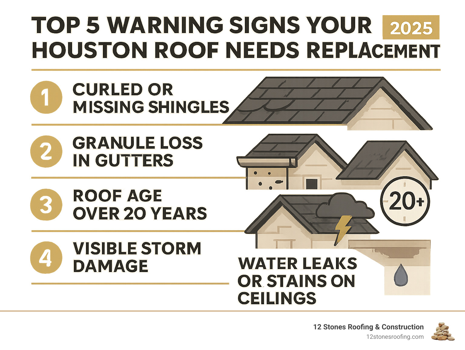 Infographic showing the top 5 warning signs your Houston roof needs replacement including curled or missing shingles, granule loss in gutters, roof age over 20 years, visible storm damage, and water leaks or stains on ceilings - roof replacement contractor houston infographic 