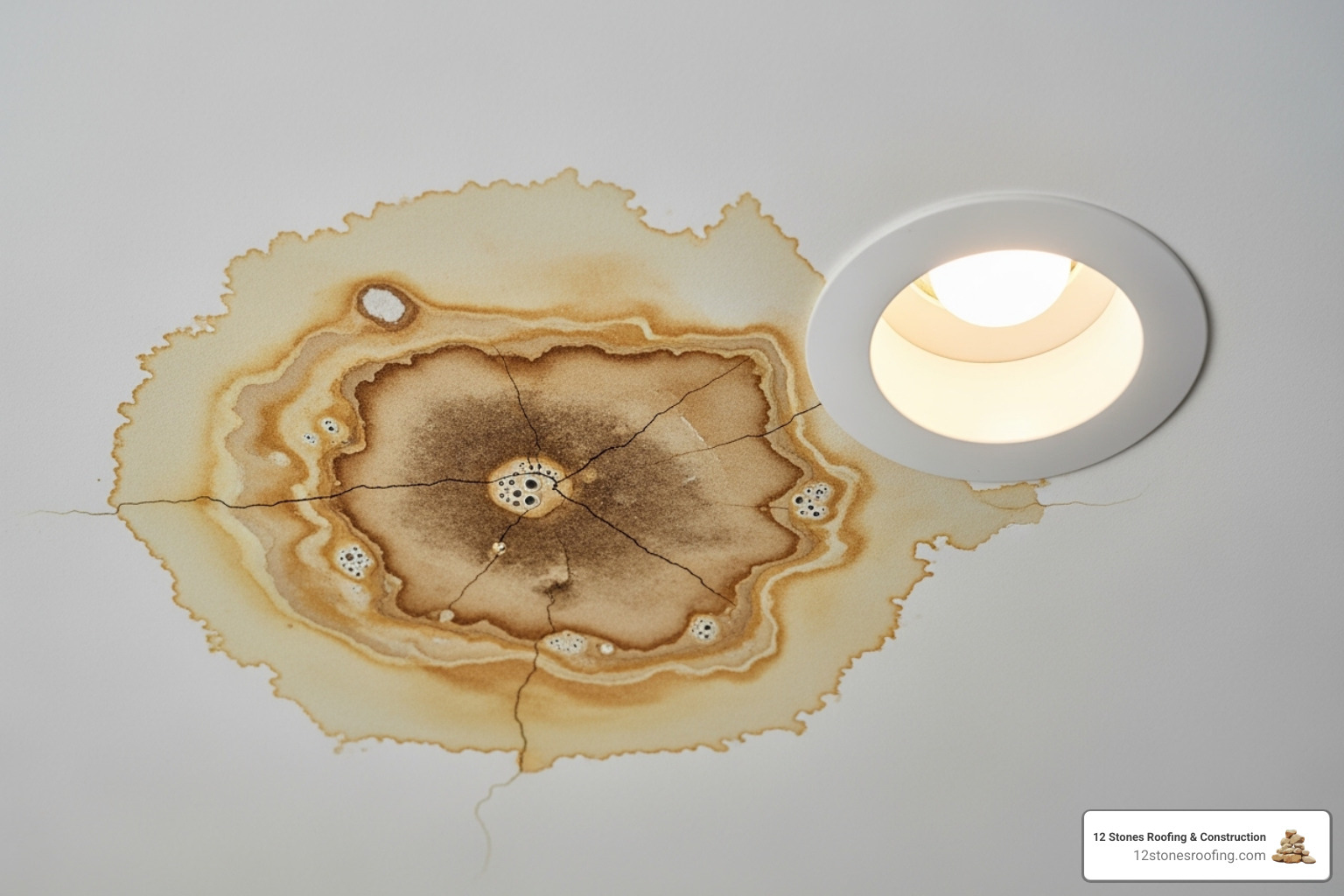 water stain on a ceiling near a light fixture - hail damage roof inspection