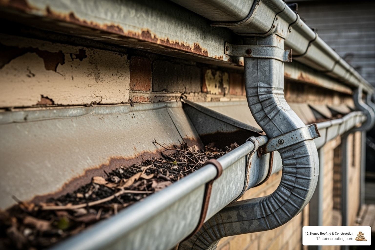 dented metal gutters and downspouts - hail damage roof inspection