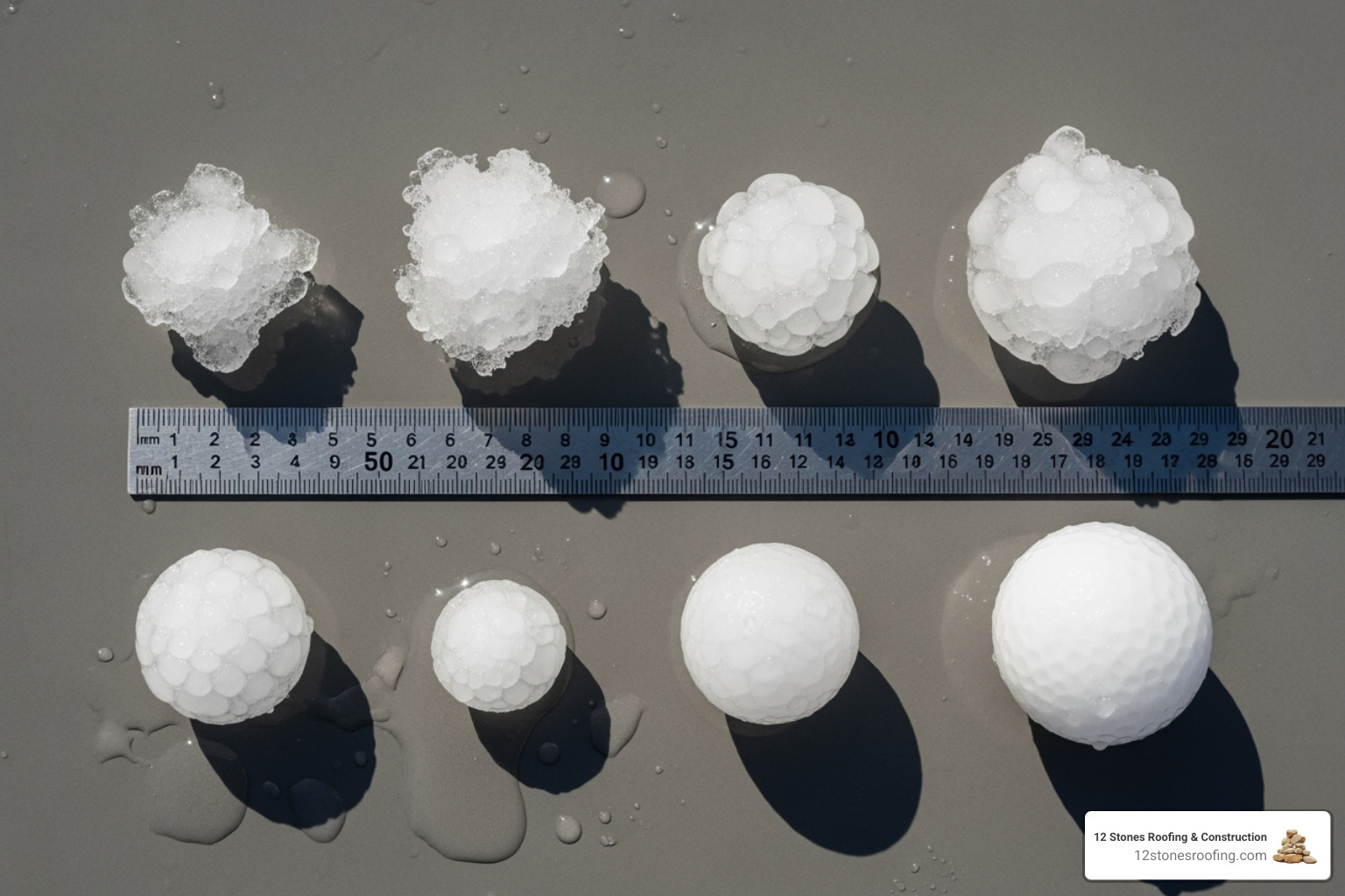 different sizes of hail (pea, quarter, golf ball) next to a ruler - hail damage roof inspection