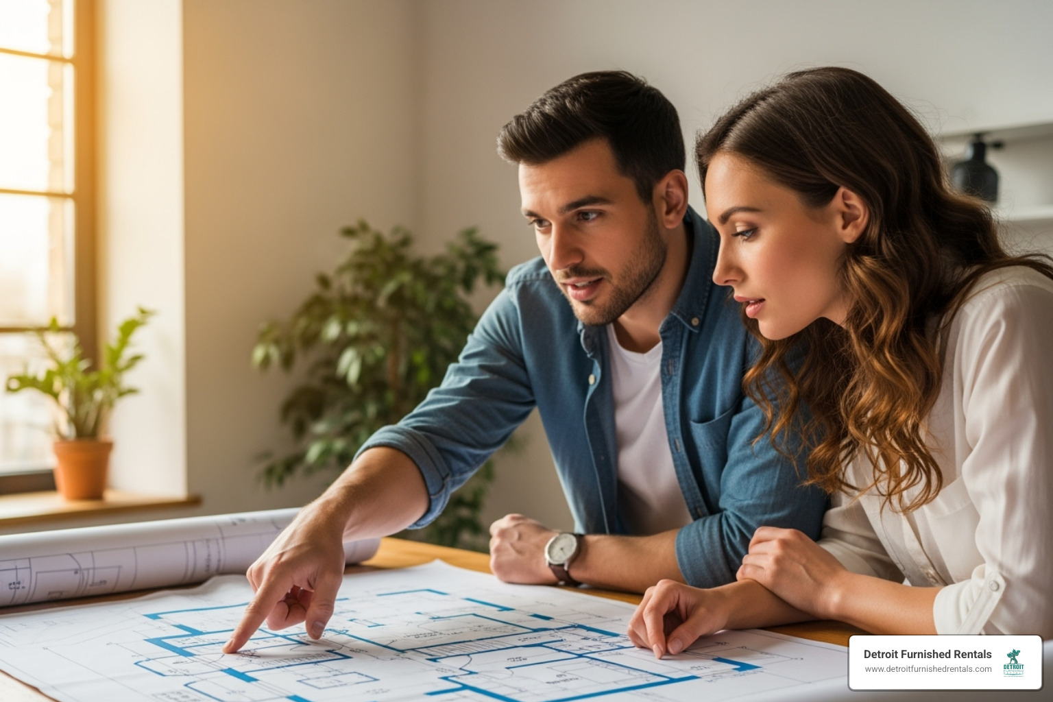 Couple looking at a floor plan - woodward lofts detroit