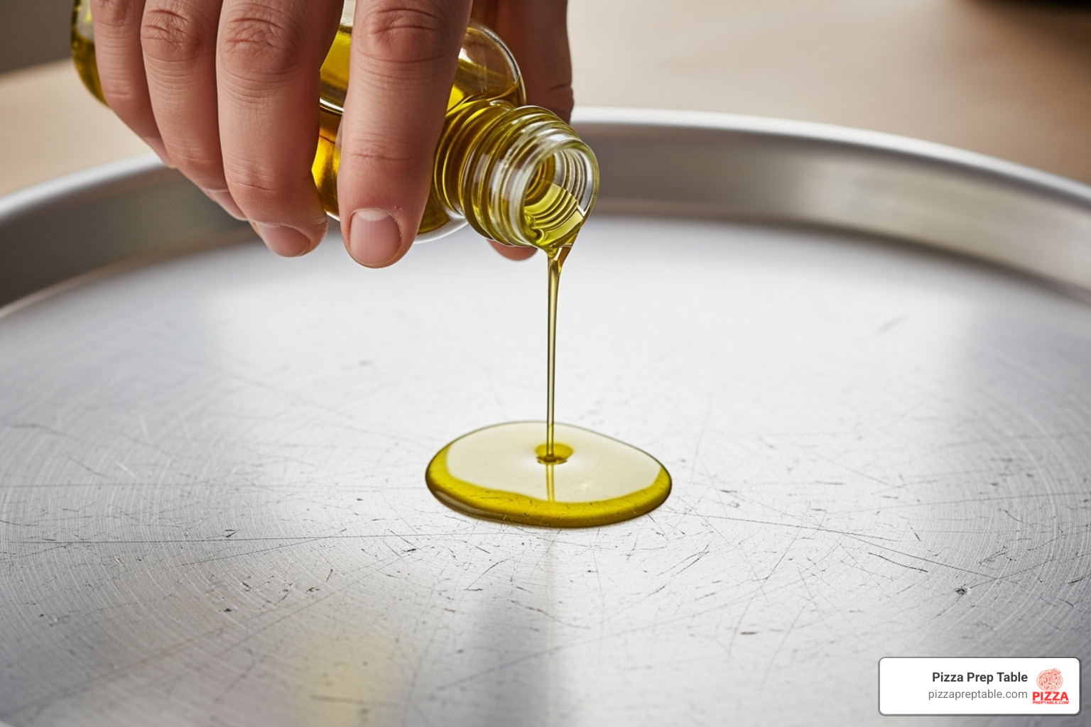 A hand seasoning an aluminum pizza pan with oil - aluminium pizza pan