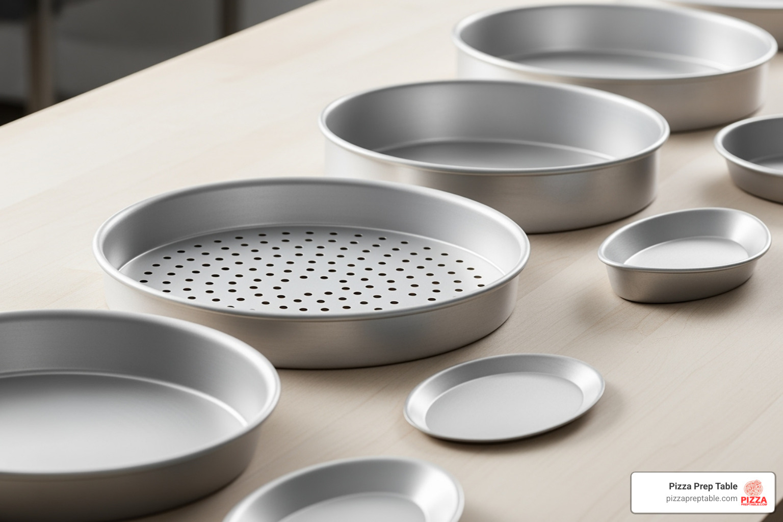 A lineup of different aluminum pizza pans: solid, perforated, deep-dish, and coupe style - aluminium pizza pan