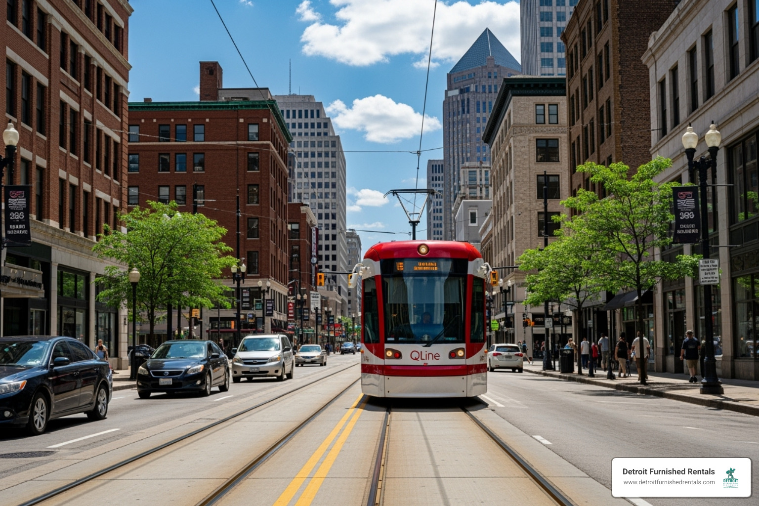 The QLine streetcar on Woodward Avenue - woodward lofts detroit