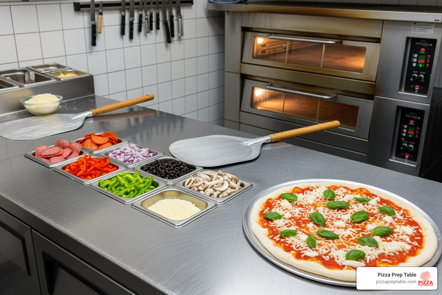 A complete pizza-making setup featuring a prep table and an aluminum pan ready for the oven - aluminium pizza pan