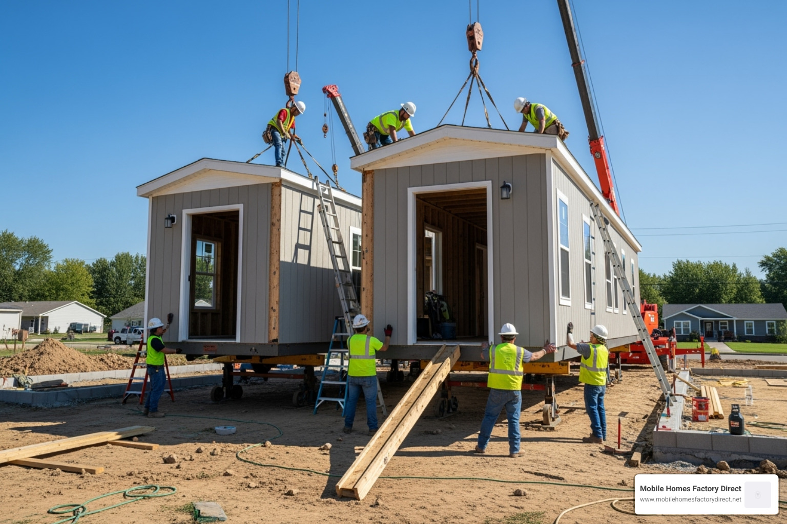 two halves of a double wide home being delivered or installed - double wide trailer