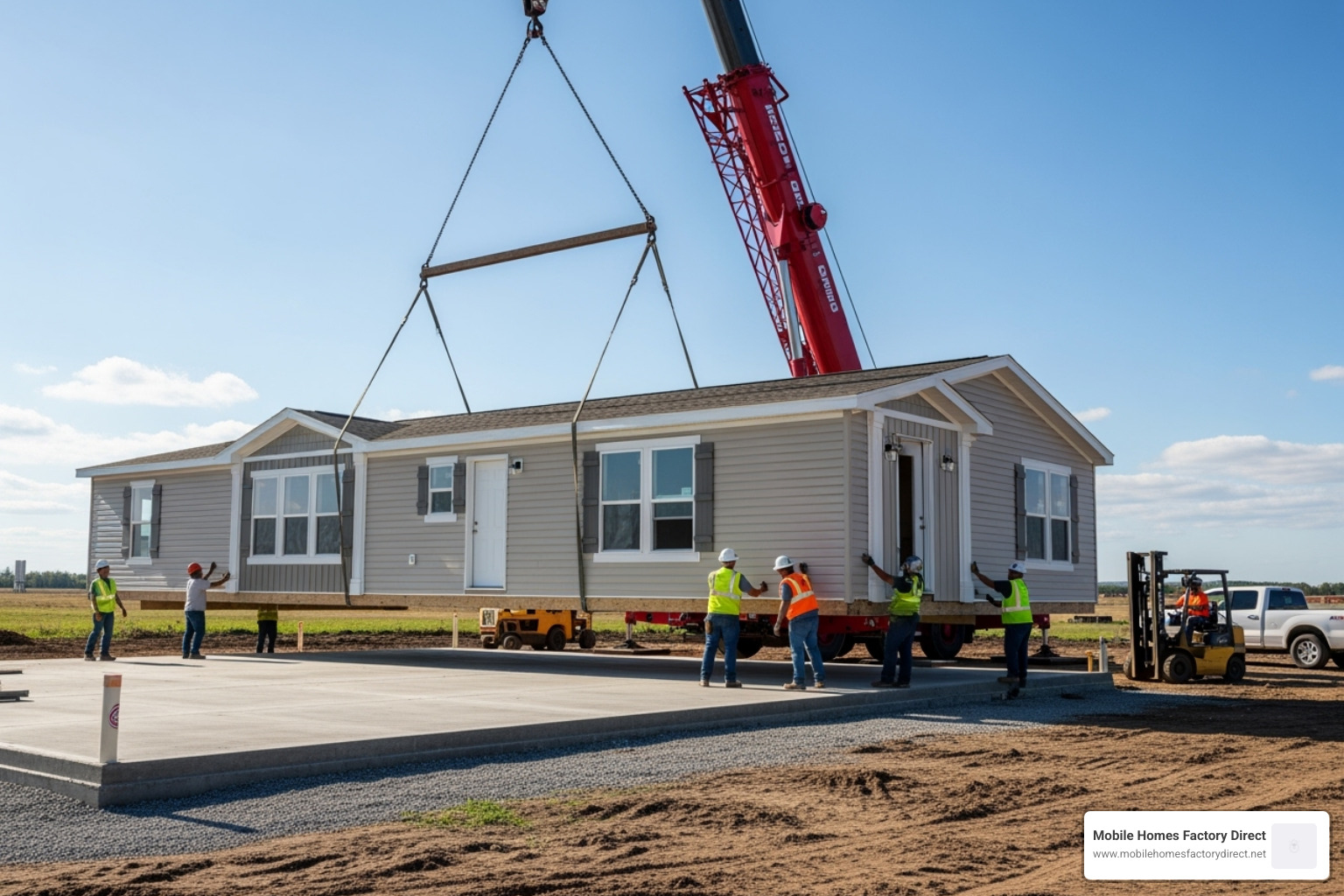 double wide home being professionally installed on a foundation - double wide trailer