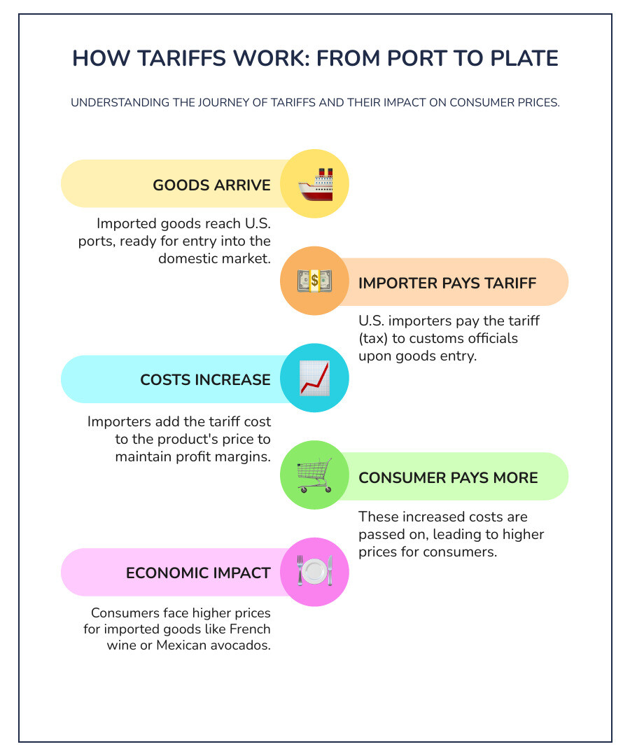 Detailed infographic showing the tariff process: goods arriving at U.S. port, customs officials collecting tariff payments from importers, importers adding costs to product prices, consumers paying higher prices at restaurants and grocery stores, with percentage breakdowns for different countries and product categories - trump tariffs infographic infographic-line-5-steps-colors