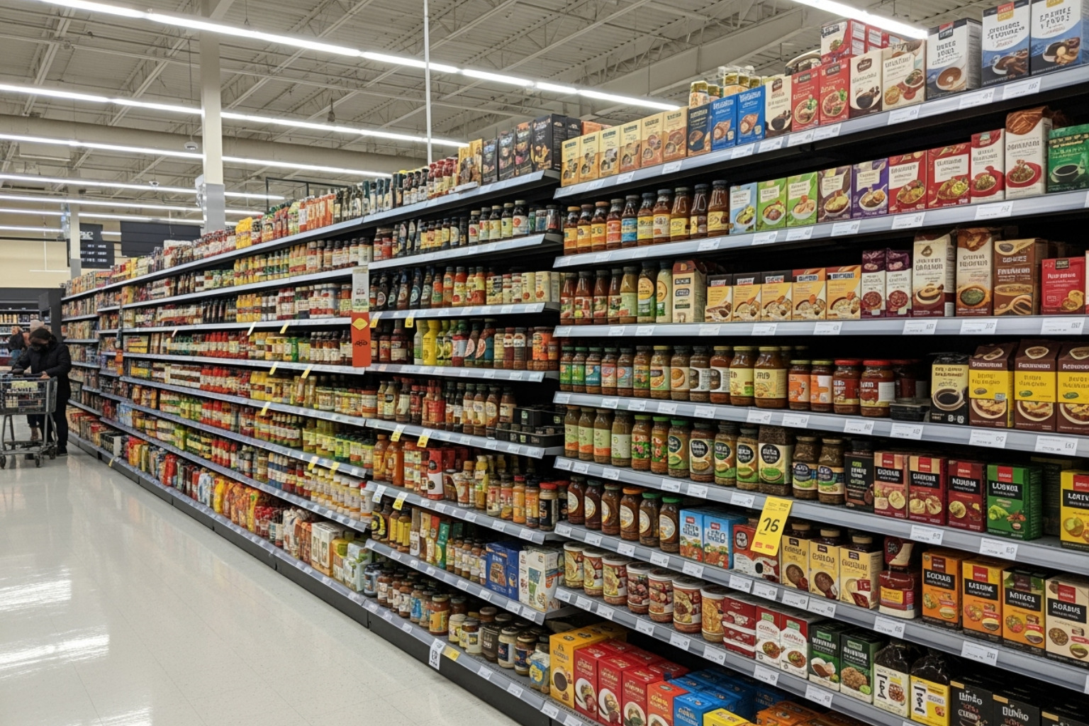 supermarket aisle showing various imported food products - trump tariffs