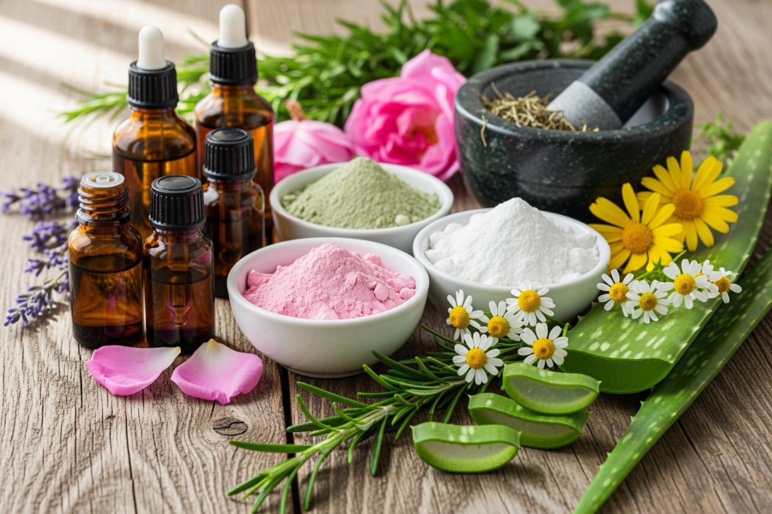 various beauty product ingredients like essential oils, clays, and plant extracts on a table - tariff news