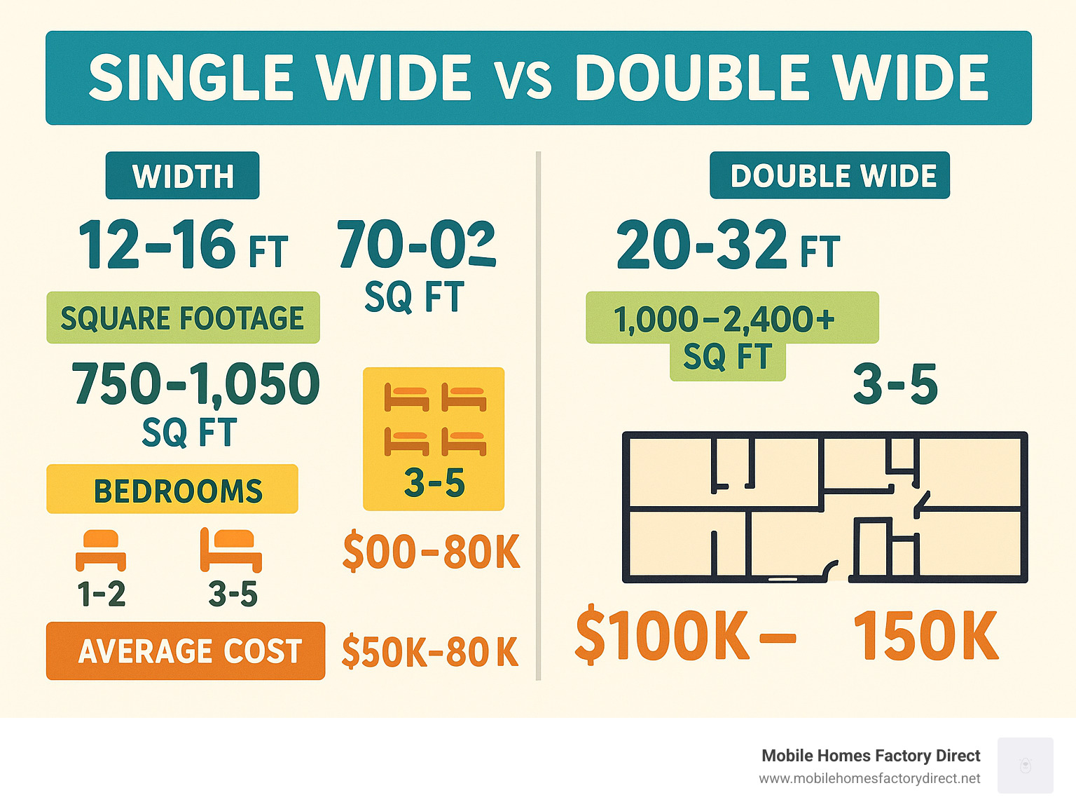 Infographic showing side-by-side comparison of single wide vs double wide mobile homes, including dimensions (single wide: 12-16 ft width vs double wide: 20-32 ft width), square footage (single wide: 750-1,050 sq ft vs double wide: 1,000-2,400+ sq ft), typical bedrooms (single wide: 1-2 vs double wide: 3-5), and average cost ranges, with visual representations of floor plan layouts - double wide trailer infographic 