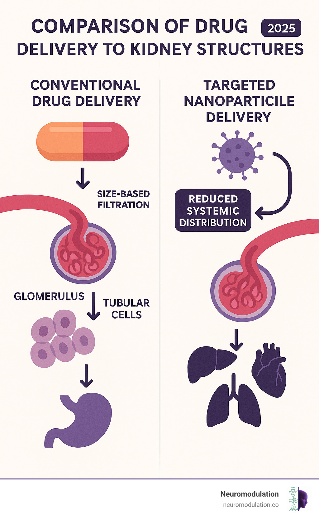 Comprehensive comparison infographic showing conventional drug delivery versus targeted nanoparticle delivery to kidney structures, including size-based filtration through glomeruli, active targeting to tubular cells, and reduced systemic distribution to other organs - targeted drug delivery systems for kidney diseases infographic Comprehensive comparison infographic showing conventional drug delivery versus targeted nanoparticle delivery to kidney structures, including size-based filtration through glomeruli, active targeting to tubular cells, and reduced systemic distribution to other organs - targeted drug delivery systems for kidney diseases infographic