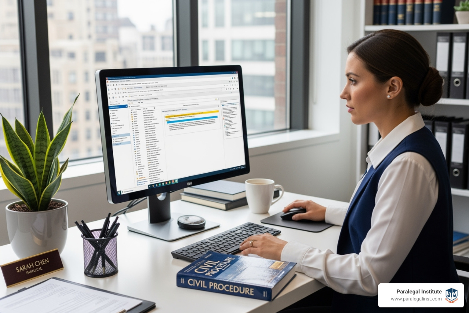 Paralegal using legal research software on a computer - paralegal positions Paralegal using legal research software on a computer - paralegal positions