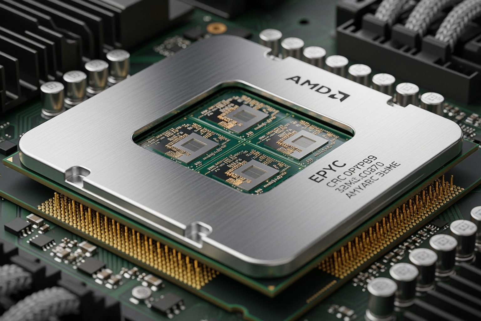 An intricate close-up image of an AMD EPYC server processor, highlighting its complex architecture and advanced design, symbolizing the power within data centers. - amd stock price