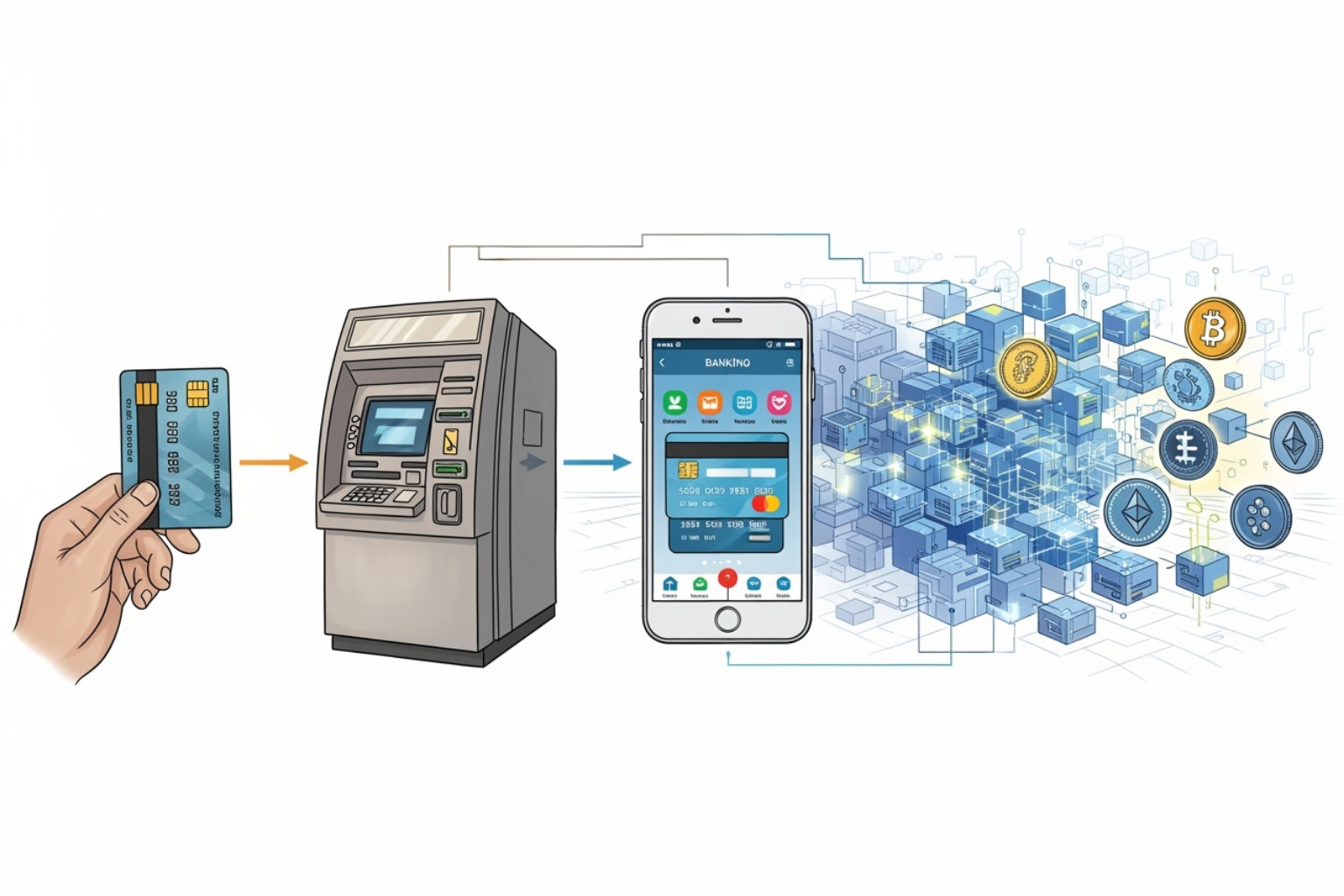 A timeline showing the evolution of financial technology from early payment cards and ATMs to modern digital platforms, mobile banking, and blockchain. Key milestones include the invention of credit cards (1950s), ATMs (1960s), online banking (1990s), mobile banking (2000s), and the rise of cryptocurrency and blockchain (2009 onwards). - fintech guides A timeline showing the evolution of financial technology from early payment cards and ATMs to modern digital platforms, mobile banking, and blockchain. Key milestones include the invention of credit cards (1950s), ATMs (1960s), online banking (1990s), mobile banking (2000s), and the rise of cryptocurrency and blockchain (2009 onwards). - fintech guides