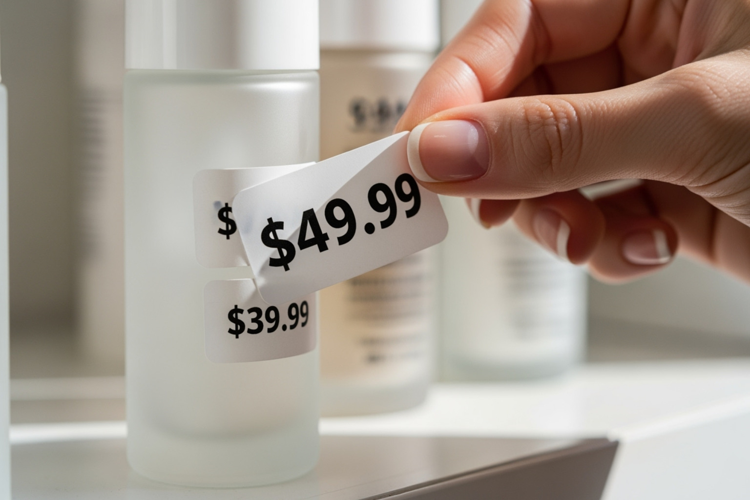 Image of a cosmetic product with its price tag being changed to a higher price - trump tariffs