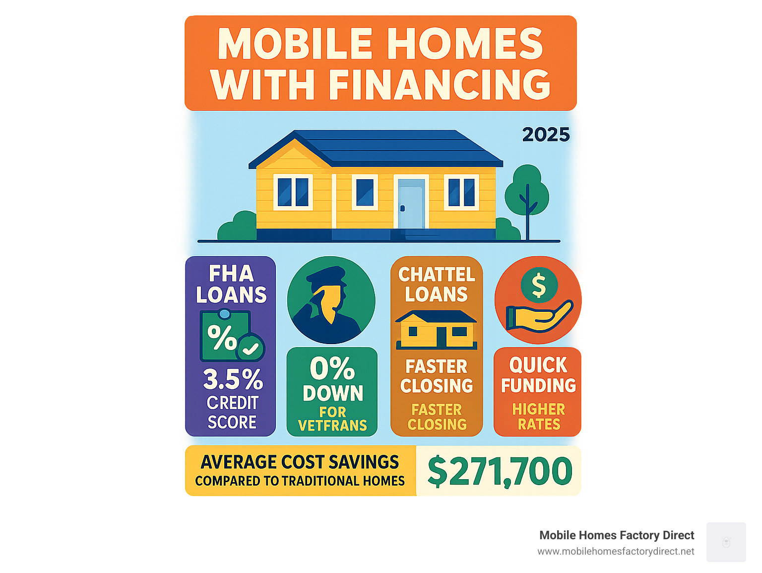 Infographic showing mobile home financing comparison: FHA loans 3.5% down with 580+ credit score, VA loans 0% down for veterans, Chattel loans for homes on leased land with faster closing, Personal loans for quick funding with higher rates, and cost savings of $271,700 average compared to traditional homes - Mobile homes with financing infographic 