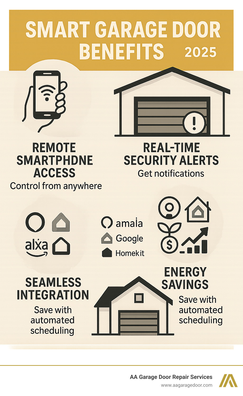 Infographic showing smart garage door benefits: remote smartphone access from anywhere, real-time security alerts and notifications, seamless integration with Alexa Google Home and Apple HomeKit, energy savings from automated scheduling, increased home value and modern appeal - smart garage door installation infographic 