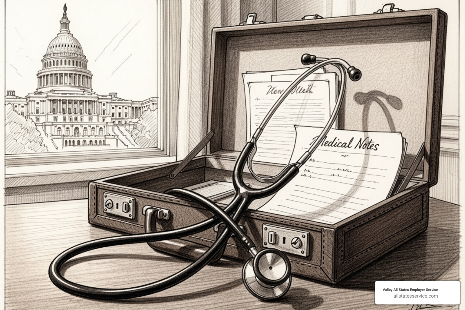 Icons representing healthcare (stethoscope), employment (briefcase), and government (capitol building) - Eligibility verification system Icons representing healthcare (stethoscope), employment (briefcase), and government (capitol building) - Eligibility verification system