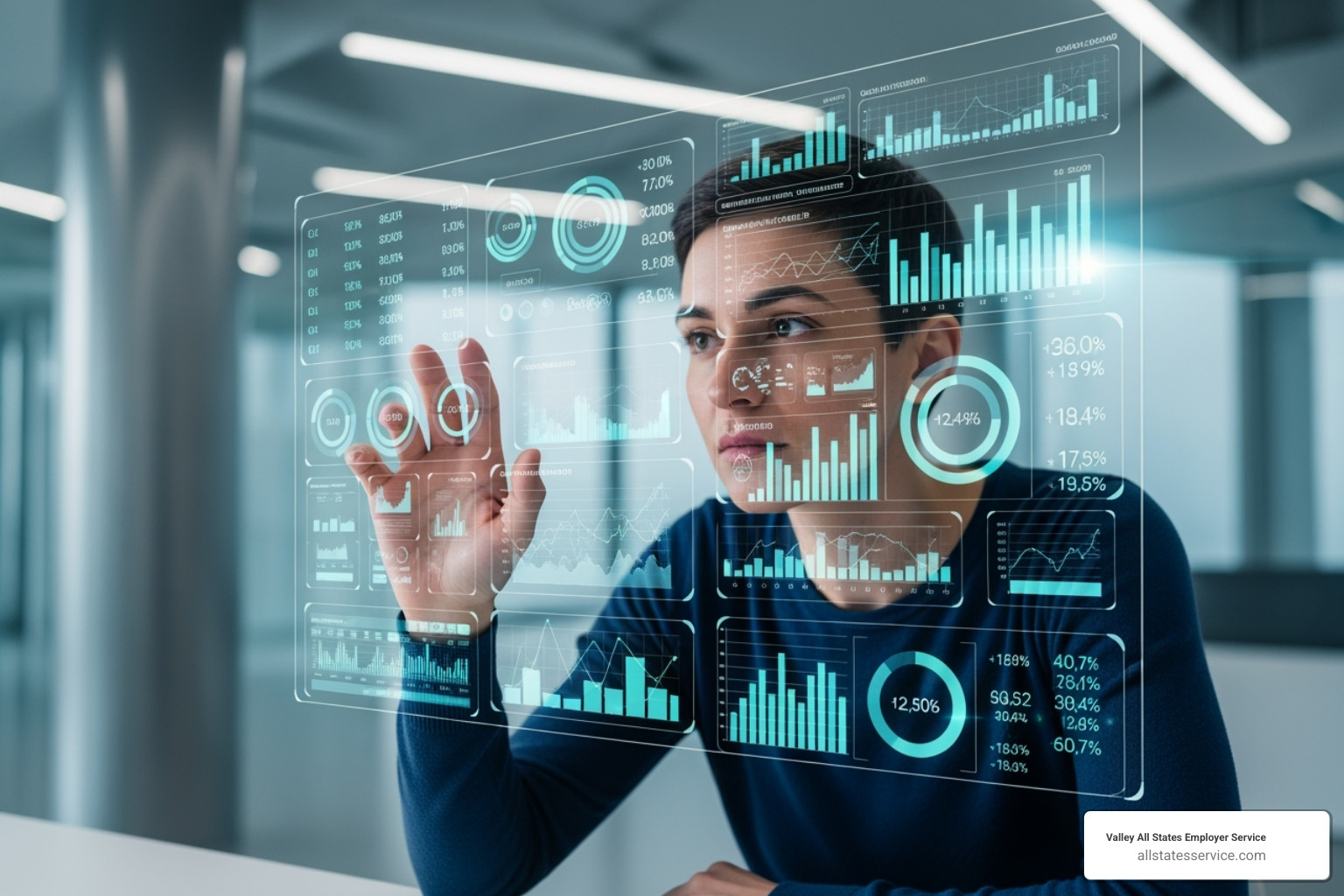 Person looking at a futuristic interface displaying verification data and analytics - Eligibility verification system Person looking at a futuristic interface displaying verification data and analytics - Eligibility verification system