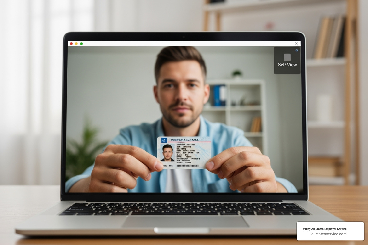 Person on video call holding ID - I-9 E-Verify compliance Person on video call holding ID - I-9 E-Verify compliance