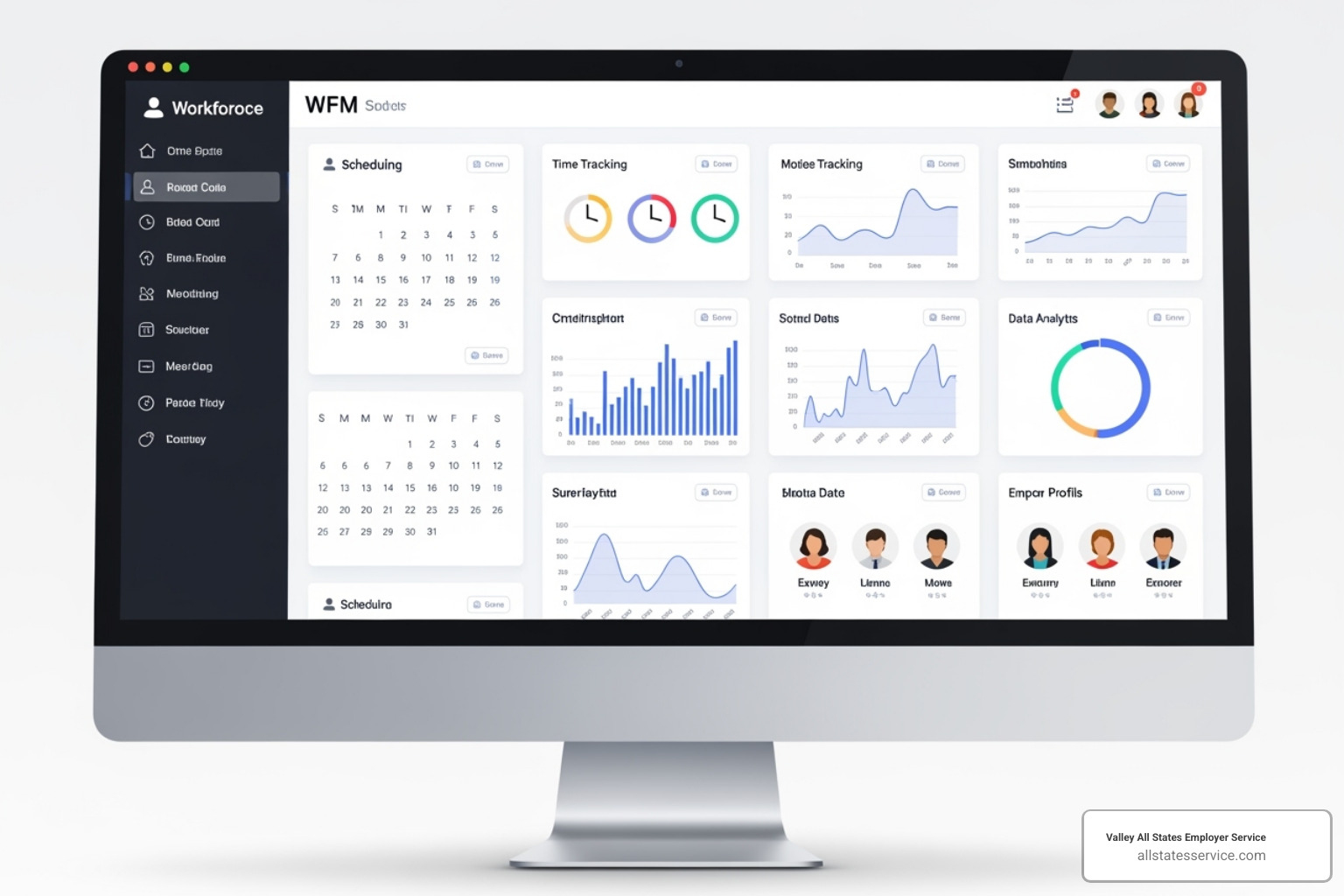 A WFM software dashboard displaying modules for scheduling, time tracking, analytics, and employee profiles - Workforce management solutions