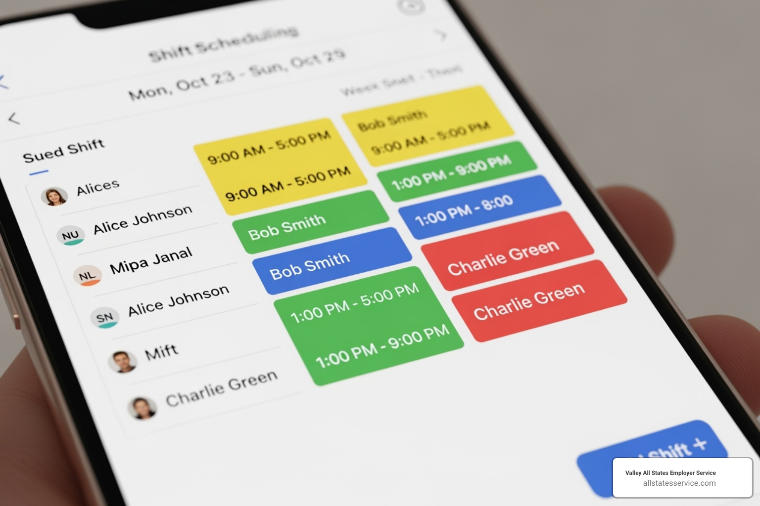A mobile phone displaying a modern shift scheduling app with colorful blocks representing shifts and employee names - Workforce management solutions