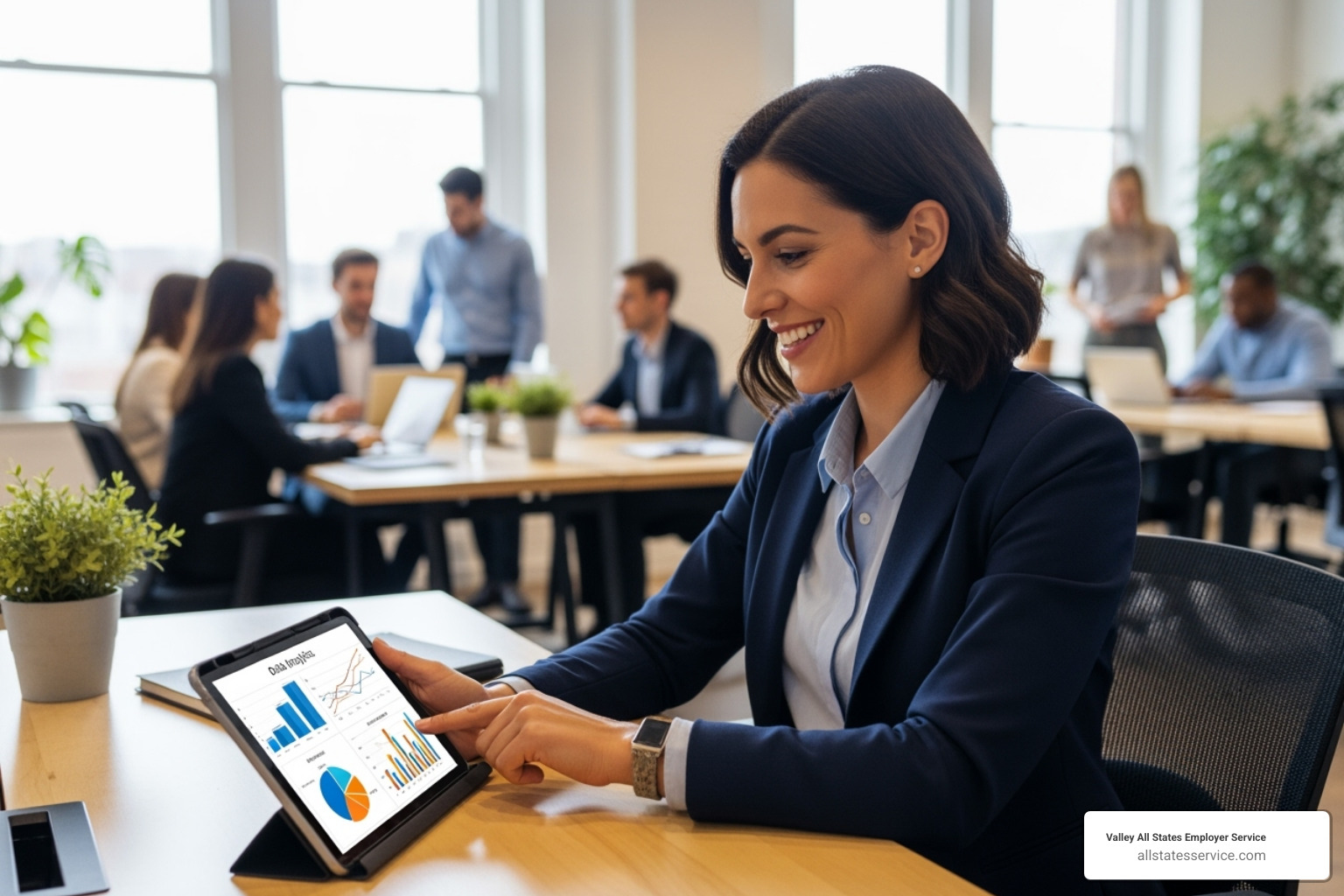 A smiling manager reviewing analytics on a tablet in a modern, busy office environment, suggesting positive outcomes of WFM - Workforce management solutions