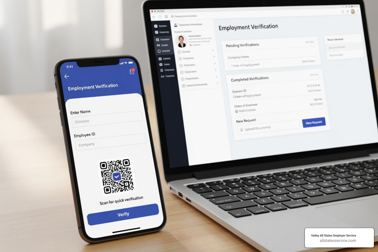 image of a smartphone and laptop displaying the E-Verify+ interface - E-Verify for existing employees image of a smartphone and laptop displaying the E-Verify+ interface - E-Verify for existing employees