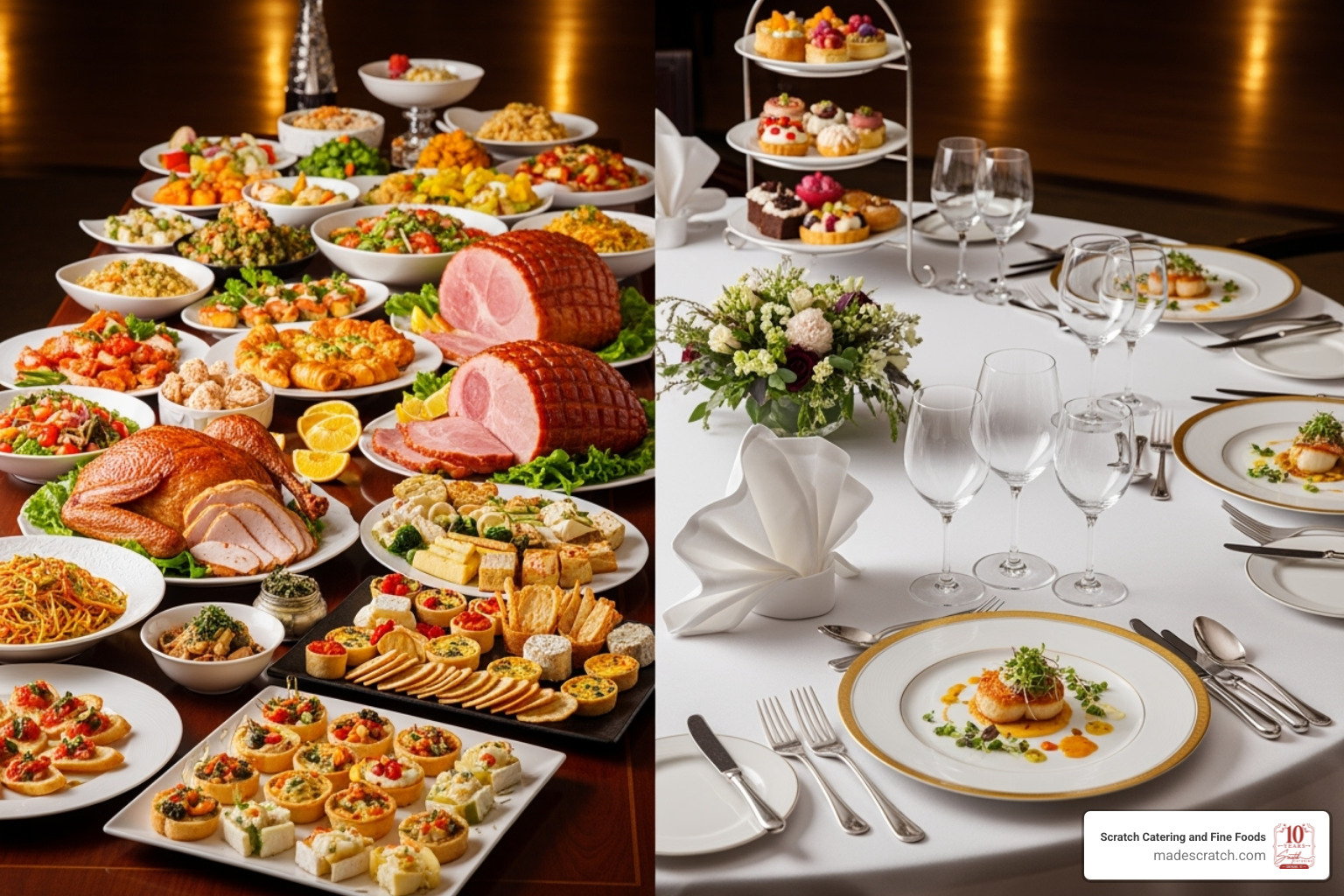 a vibrant buffet spread next to an neat plated dinner setting - catering service